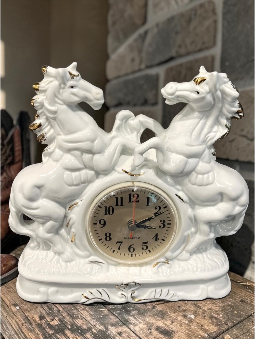 Vintage White Ceramic Horse Mantel Clock Gold Accents Equestrian Regency